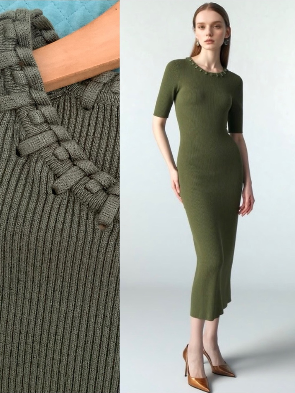 Camila Coelho Olive Ribbed Knit Midi Sweater Dress with Braided Neckline